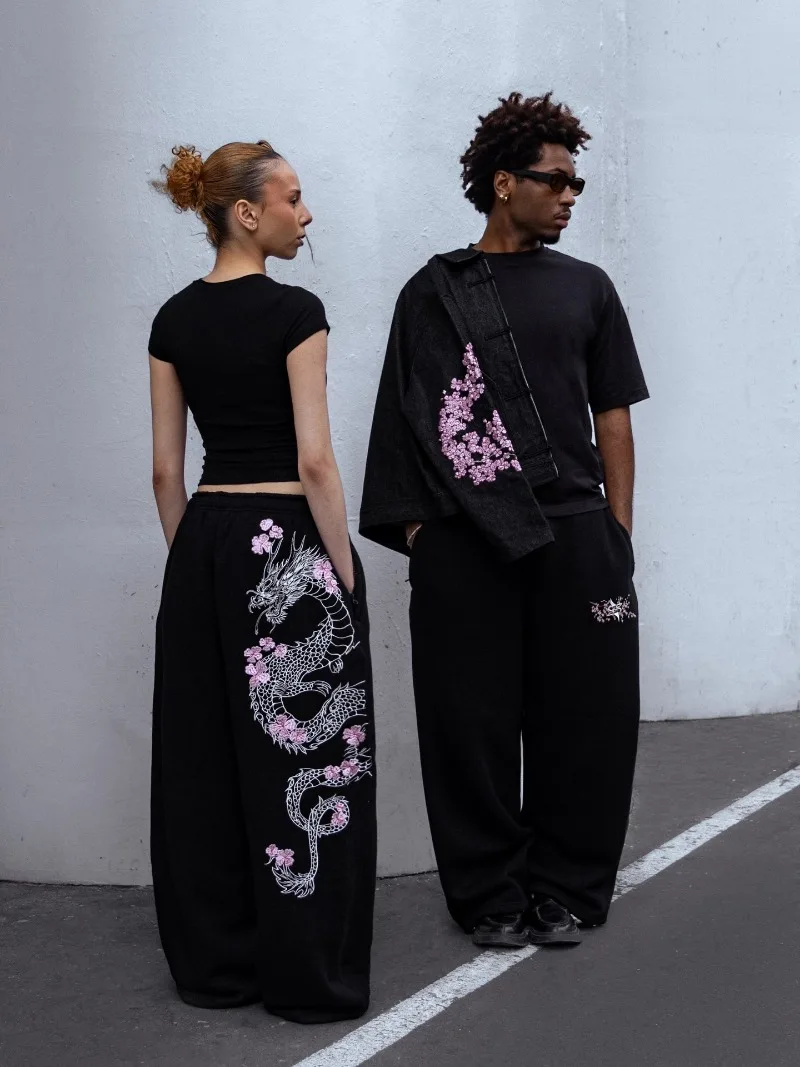 

Japanese Style Cherry Blossom Dragon Embroidered Oversized Sweatpants Men Y2K Street Casual Floor Mopping Pants Couples Women