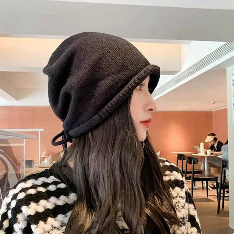 Autumn And Winter Pile Hat With Curled Brim And All-match Warm Cold Hat With Large Head Knitted Drawstring Hat For Women