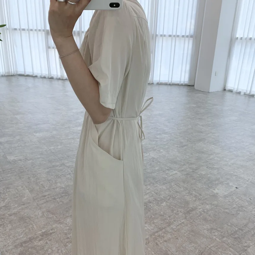 Summer Chic V Neck Long Dress Women 2022 Female Drawstring High Waist Short Sleeve Midi Sundress Solid Color