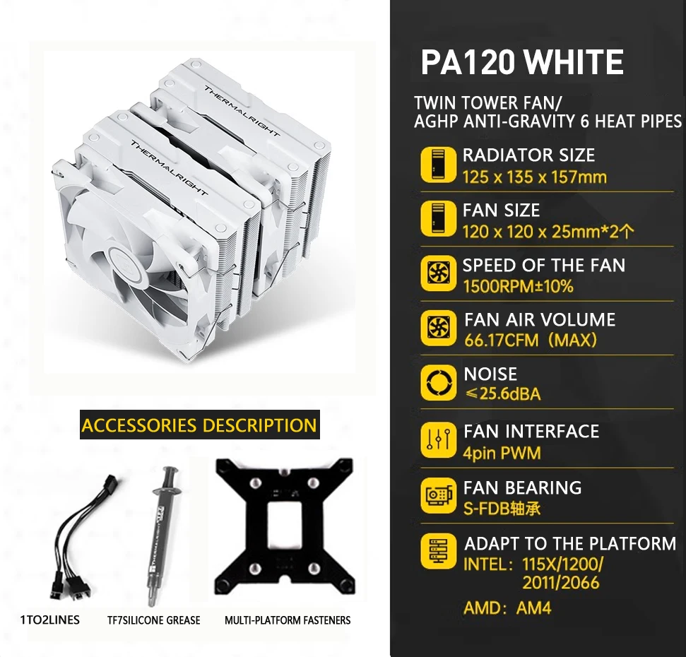 

Охладитель ЦП Thermalright PA120White с 6 тепловыми трубками для LGA1700 1200 1150 2011 AM4 /AGHP, антигравитационный охлаждающий двойной вентилятор, радиатор