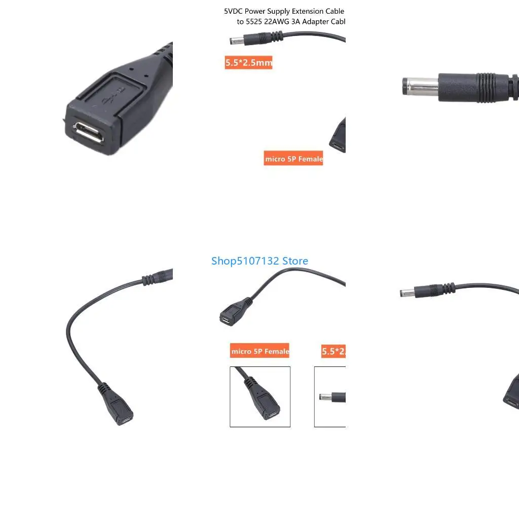 87HD 5Pin Micro USB Female 5V 5.5x2.5mm Male Adapter Connector Cable 22AWG Copper- Wire 20CM/7.87in Support 5.5x2.1mm