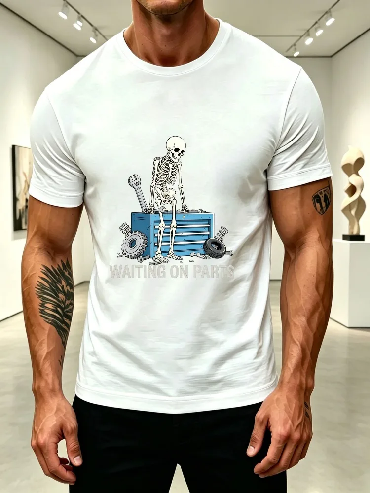 Mens Lightweight Cotton Crew Neck Tee Skeleton Mechanic Waiting On Parts Graphic Short Sleeve Auto Repair Hobby Casual Male Top