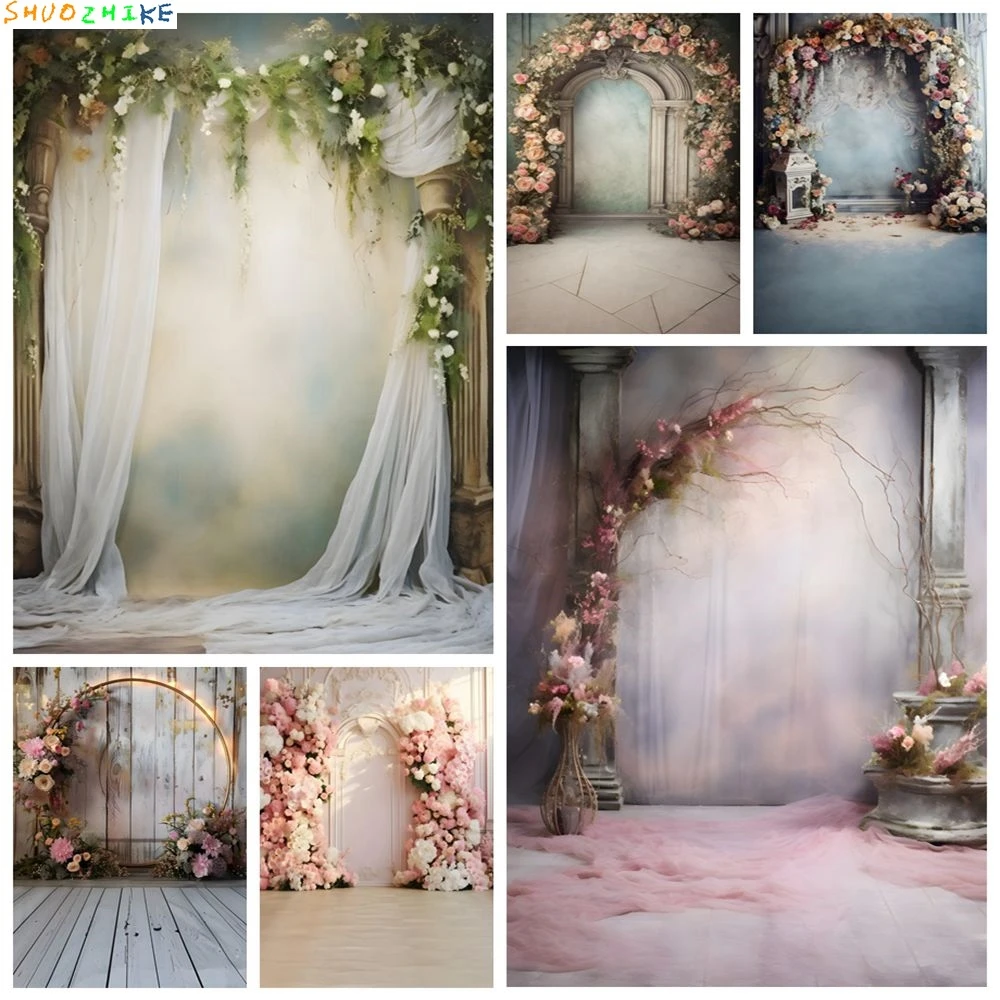 

Wedding Portrait Photography Backdrop Boho Style Flowers Window Curtain Bridal Shower Birthday Party Background Photo Studio
