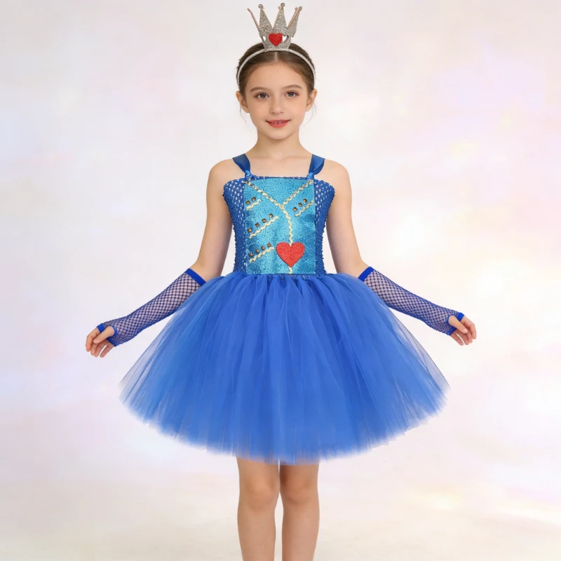 Royal Blue Evie Descendants Costumes for Kids Red Heart Christmas Tutu Outfit with Crown Gloves Girls Carnival Halloween Dresses