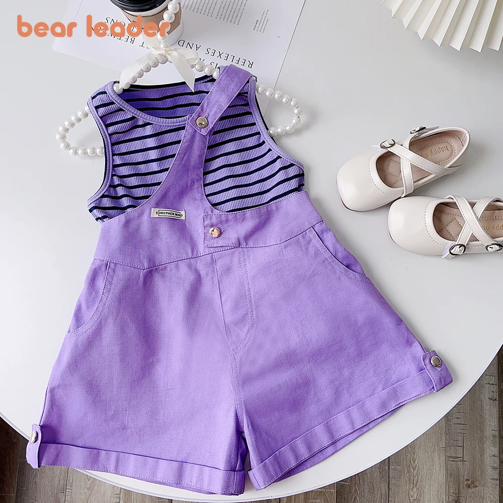 Bear Leader Girls Summer Set 2023 New Girls' Korean Fashion Children's Striped T-shirt + Pants Two Piece Set Short Sleeved Suit