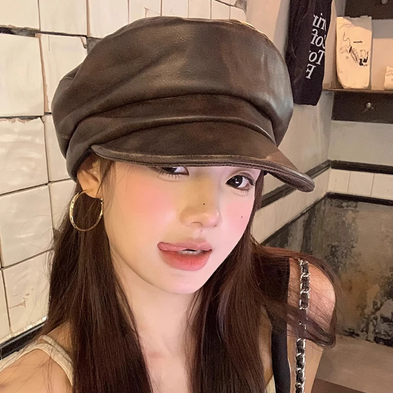 

Retro British Style PU Leather Berets for Women Show Face Small Spring Autumn Travel Versatile High Quality Flat Top Painter Hat