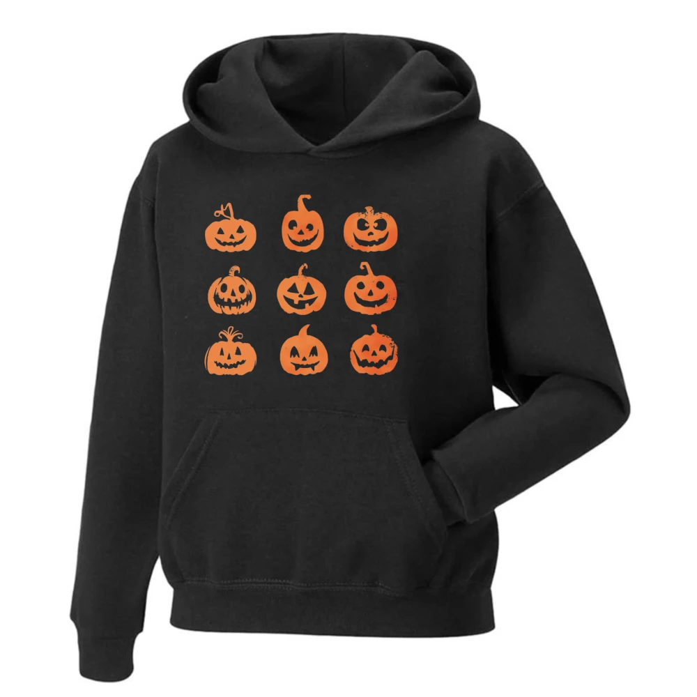 Spooky Pumpkin Halloween Hoodie Vintage Unisex Pullover Graphic Sweatshirt Cute Emoji Icon Sticker Long Sleeve Autumn Winter Top