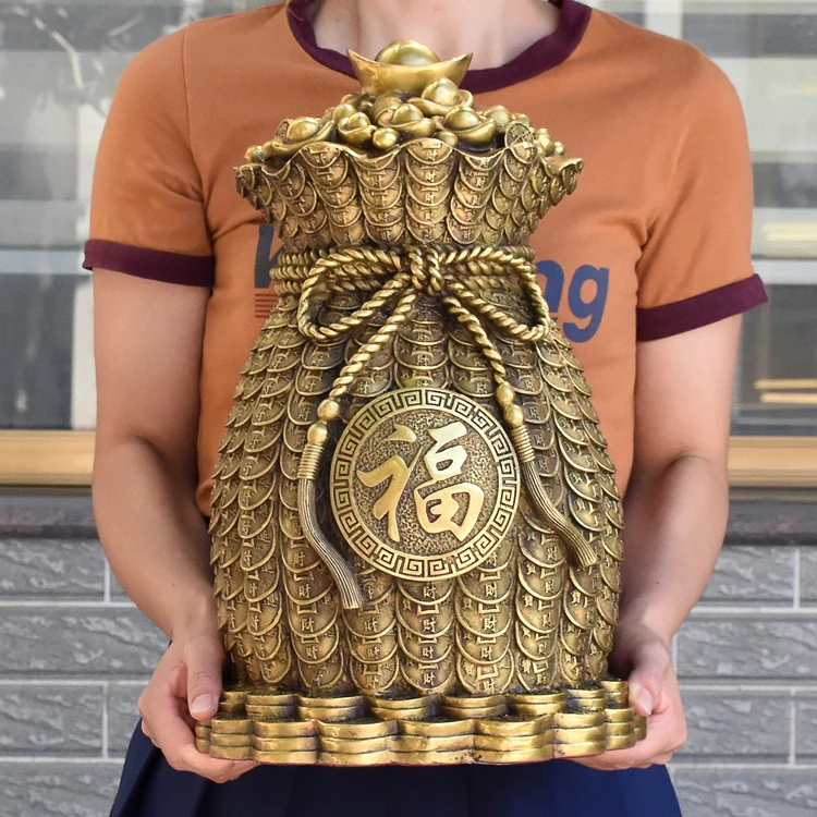 38CM large HOME OFFICE Porch lobby efficacious Mascot thriving business copper Auspicious blessing money bag FENG SHUI statue