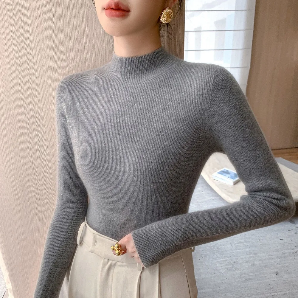 

Удобный текстурированный облегающий свитер с полувысоким воротником и нижним слоем, осень-зима, новый стиль, утолщенный универсальный вязаный свитер