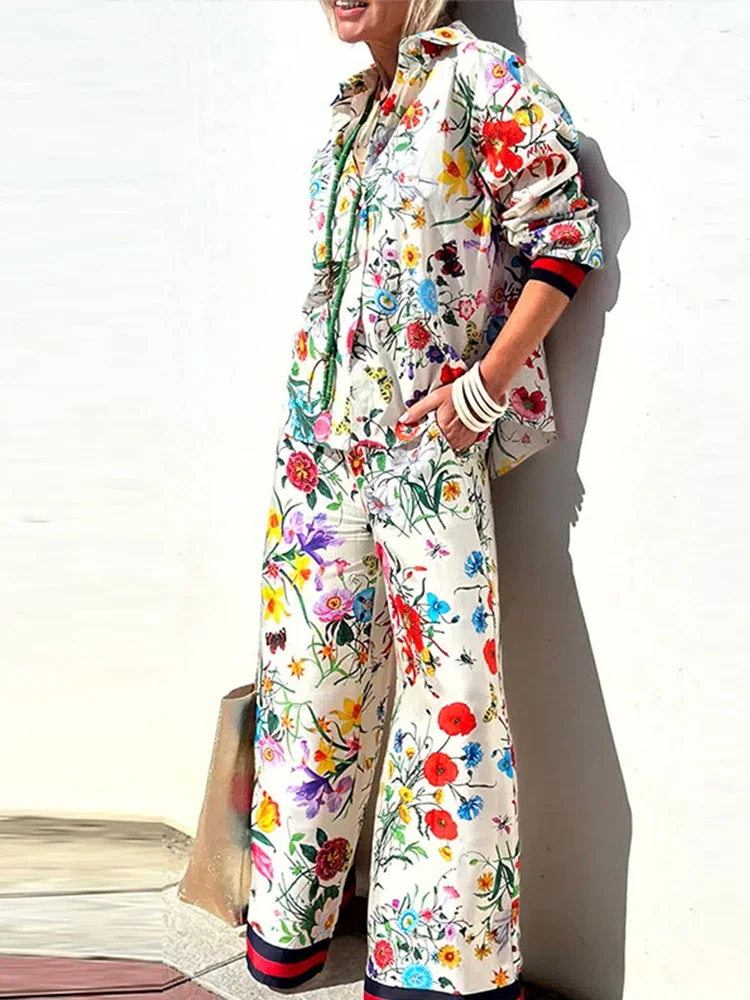 

Женский брючный костюм из 2 предметов, длинные брюки с цветочным принтом и отложным воротником, брюки с широкими штанинами в уличном стиле, весна-лето 2024