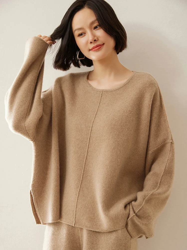 Women's 100% Cashmere Sweater O-neck Loose Long Sleeve Pullover Autumn Winter Base Cashmere Knitwear Soft Warm Comfy Clothing