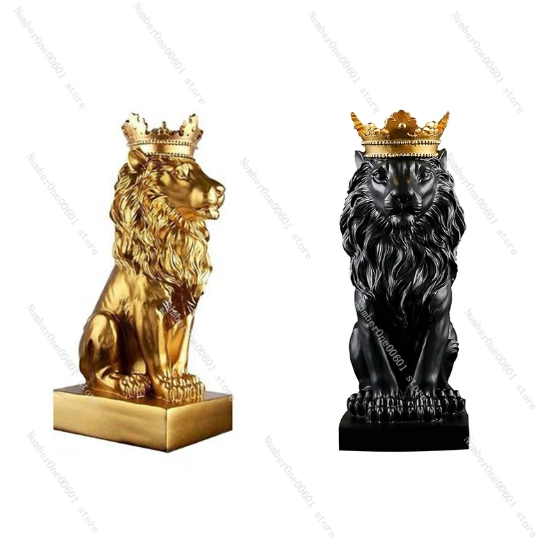 

2 Pcs Crown Lion Statue Home Office Bar Male Lion Faith Resin Sculpture Crafts Animal Art Decor Ornaments, Gold & Black