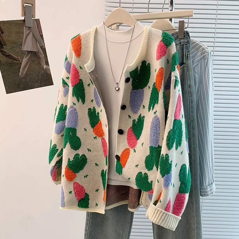 

Повседневный свободный круглый открытый кардиган, свитер с цветочной вышивкой, универсальный плюс размер, осенне-зимний новый женский топ