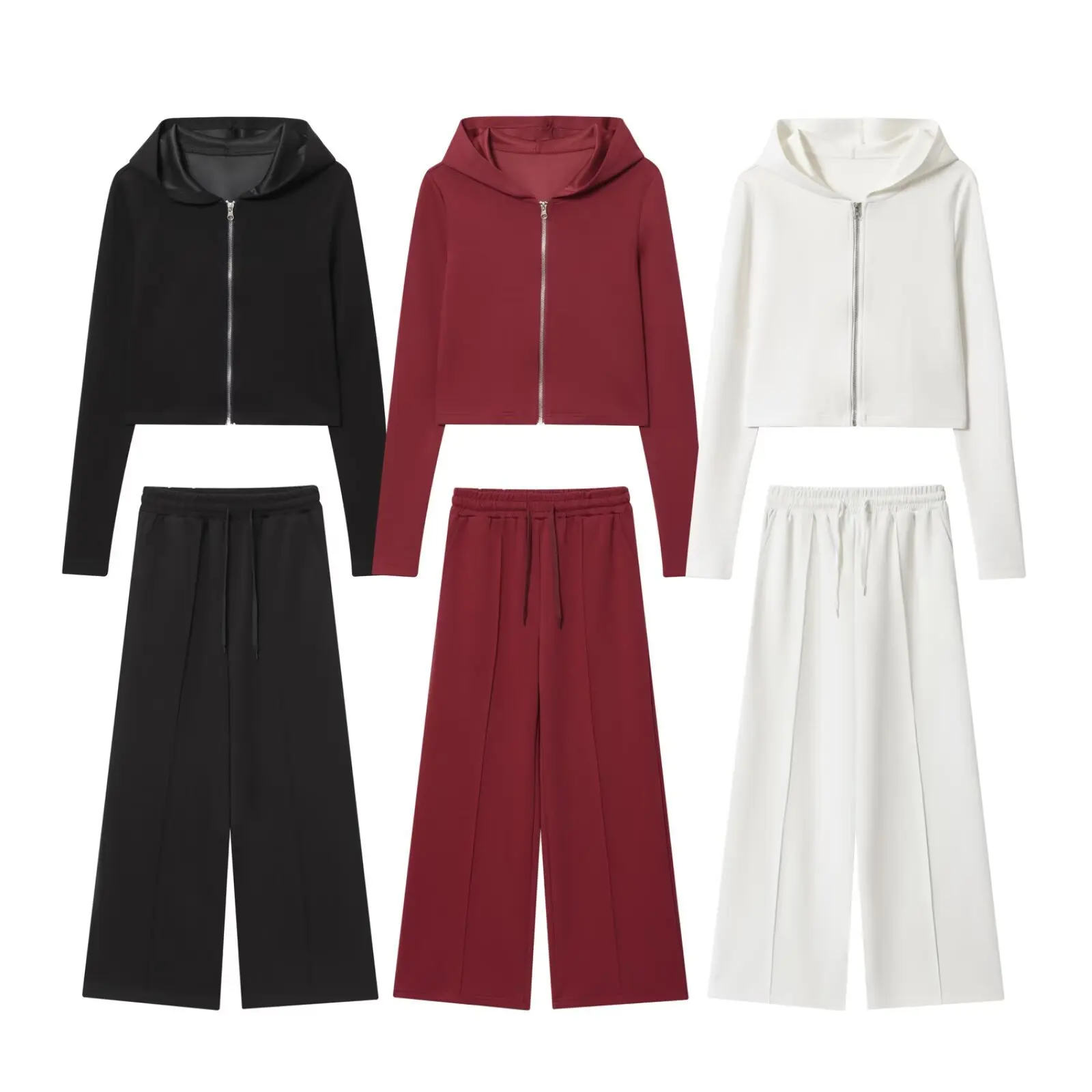 المرأة الخريف سليم صالح متماسكة سستة مقنعين سترة قصيرة البلوز بلون عارضة واسعة الساق السراويل قطعتين مجموعة #2