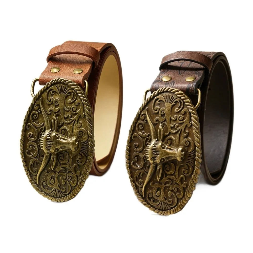 Ox Head Carved Buckle Western Cowboy Belt Bohemian Print Design Adjustable Length Carved Buckle Belt Leather Texture