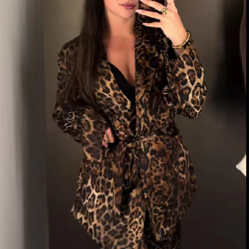 Hxao conjuntos de calças de leopardo 2 peças conjunto vintage longo blazer jaqueta conjunto de duas peças outono formal calças femininas terno cinto conjunto feminino