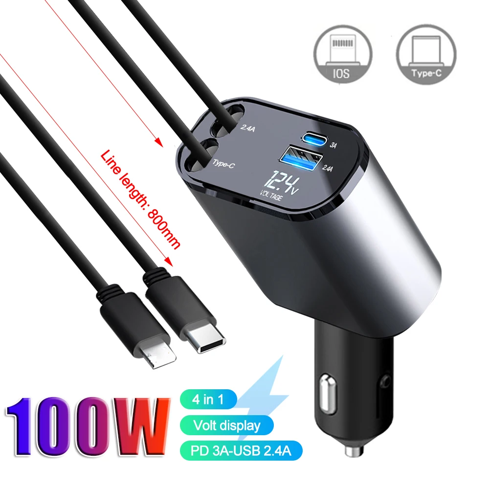 100W PD+USB Quick Charger With 2 Retractable Cables Type C Fast Car Phone Charger Voltmeter 4 in 1 Power Adapter For IPhone IPad