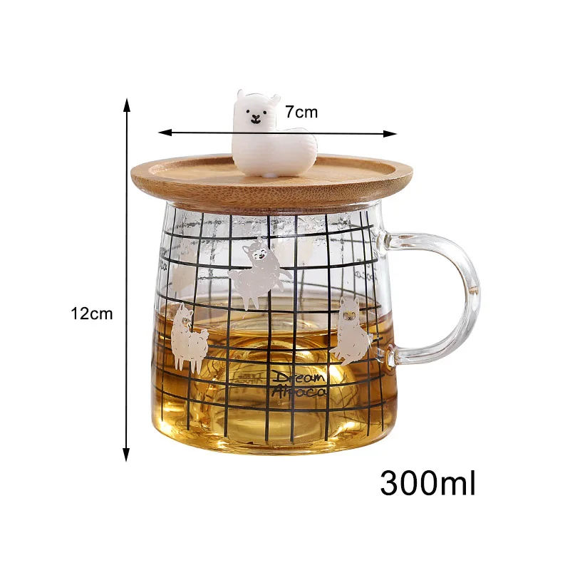 Cute 3D alpaca glass mug with bamboo lid,Heat-resistant glass mugs  Morning Mug Milk Coffee Tea Breakfast Cup for gifts