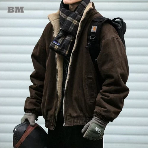 Imagen 1 del producto Chaqueta Polar Vintage japonesa para hombre, chaqueta gruesa de invierno de alta calidad, ropa de calle coreana, abrigo cálido holgado para pareja a la moda para hombre