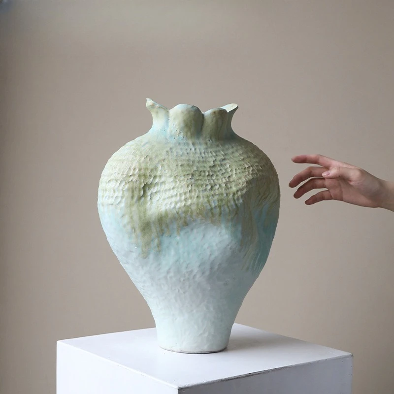 Home wabi sandy wind handmade ceramic vase high-end coarse pottery pot ornament living room art dried flower arrangement device