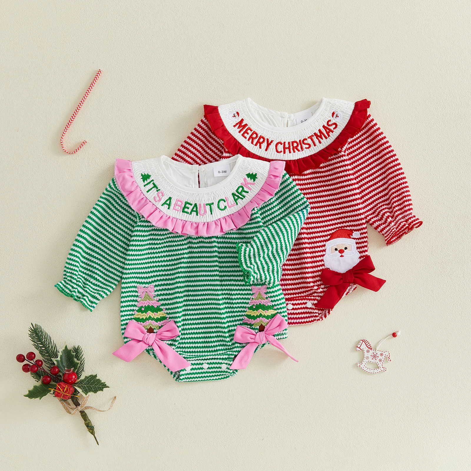 Baby Girl Christmas Romper Long Sleeve Smocked Santa/Tree Bodysuit