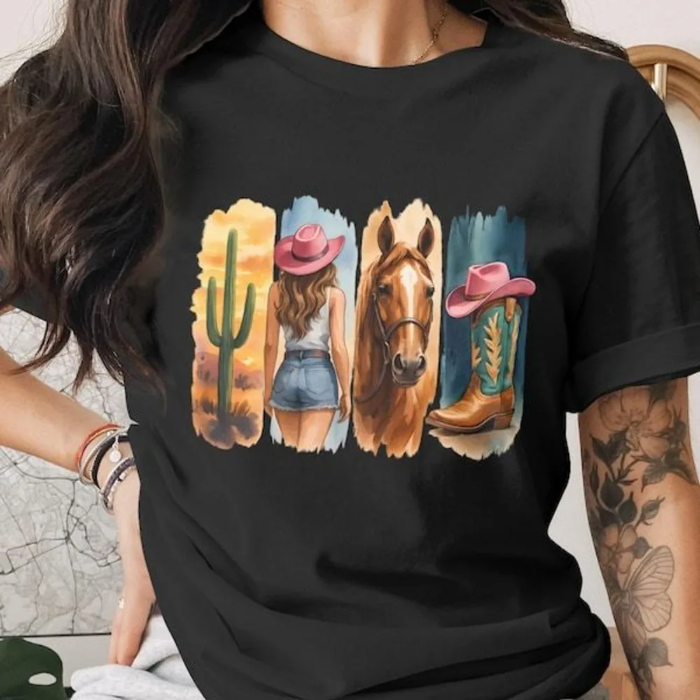 Mens Tshirt Short Pink Hat Girl Silhouette Brown Horse Head Embroidered Leather Boot Solid Black Backdrop for Streetwear