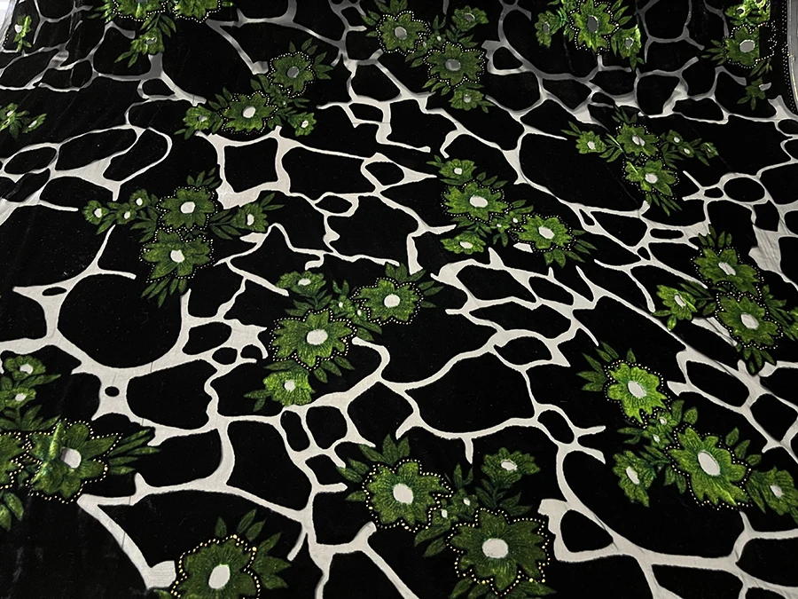 Real Silk Velvet Clothing Fabric Black Geometric Yellow Green Flower Gilding Hollow Cheongsam