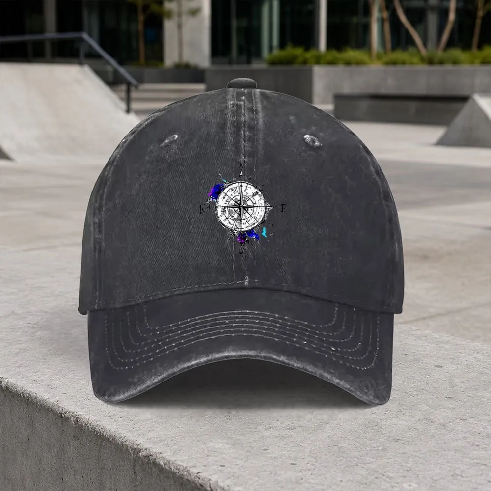 Vintage Compass Print Washed Baseball Cap Unisex Adjustable All-Season Casual Outdoor Daily Cap