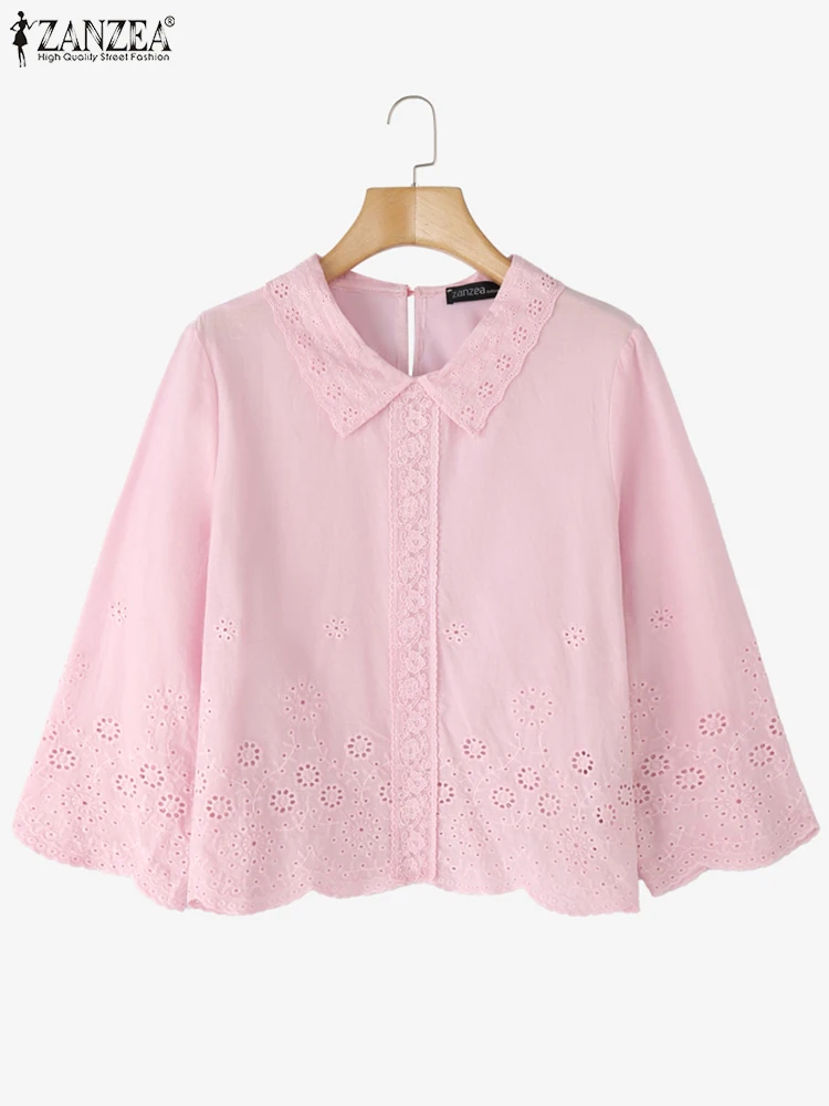 

2025 ZANZEA Cotton Blouse Women Lace Tunic Casual Loose Spring Tops Fashion 3/4 Sleeve Solid Color Hollow Out Blusas Female