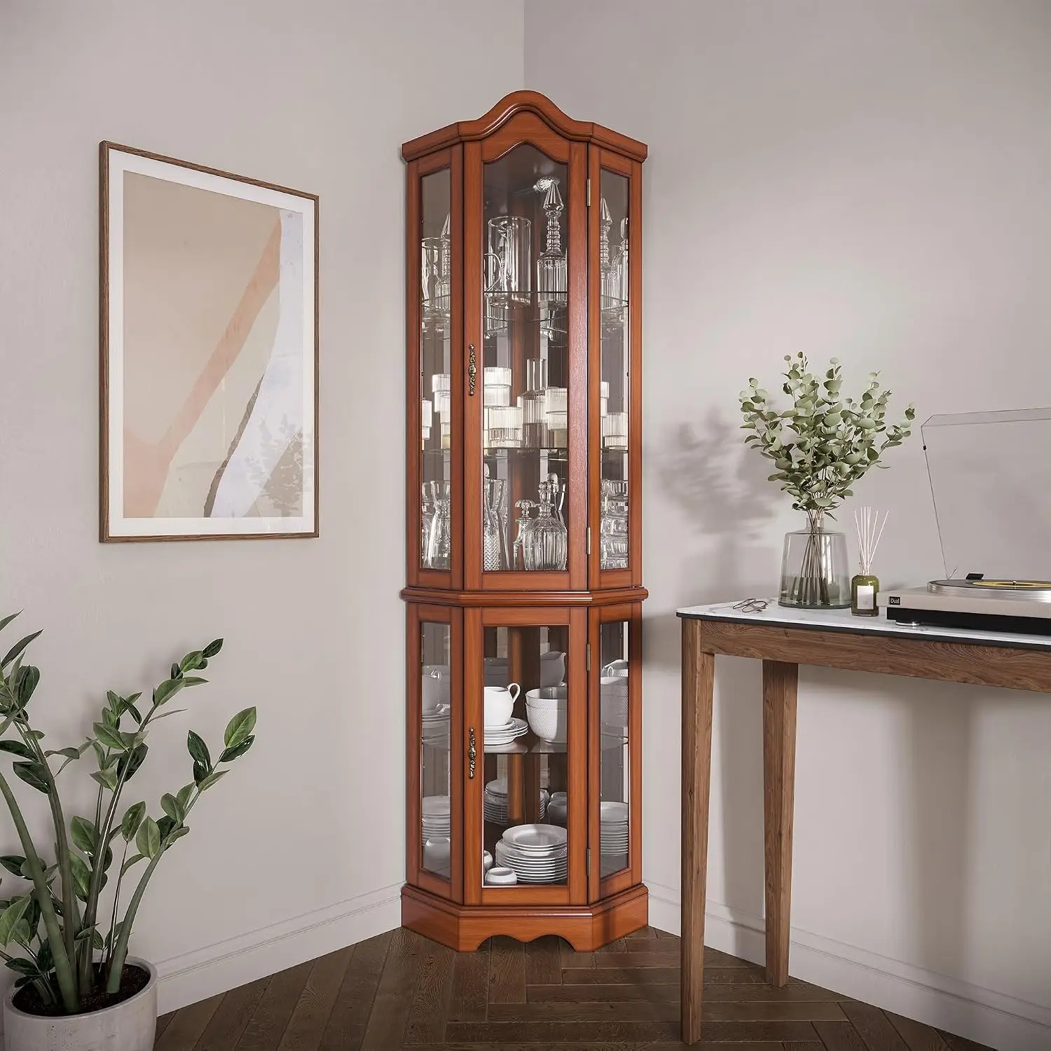 Glass Curio Cabinet w/Tempered Doors & Shelves, Wood Corner Cabinet with Bulb, Rack for Living Room & Kitchen, Customized
