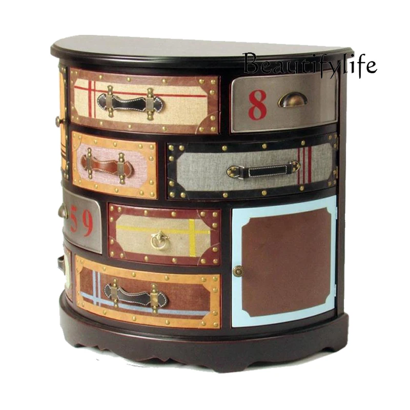 

Retro Side Cabinet American Creative Furniture Foyer Colorful Semicircle Hallway Distressed Curio Cabinet