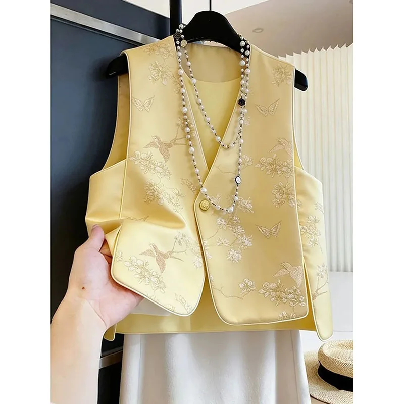 

Explosions Spring Summer Yellow V-neck Improved Vest New Chinese National Wind Joker Vest Female Sleeveless Trend Vest