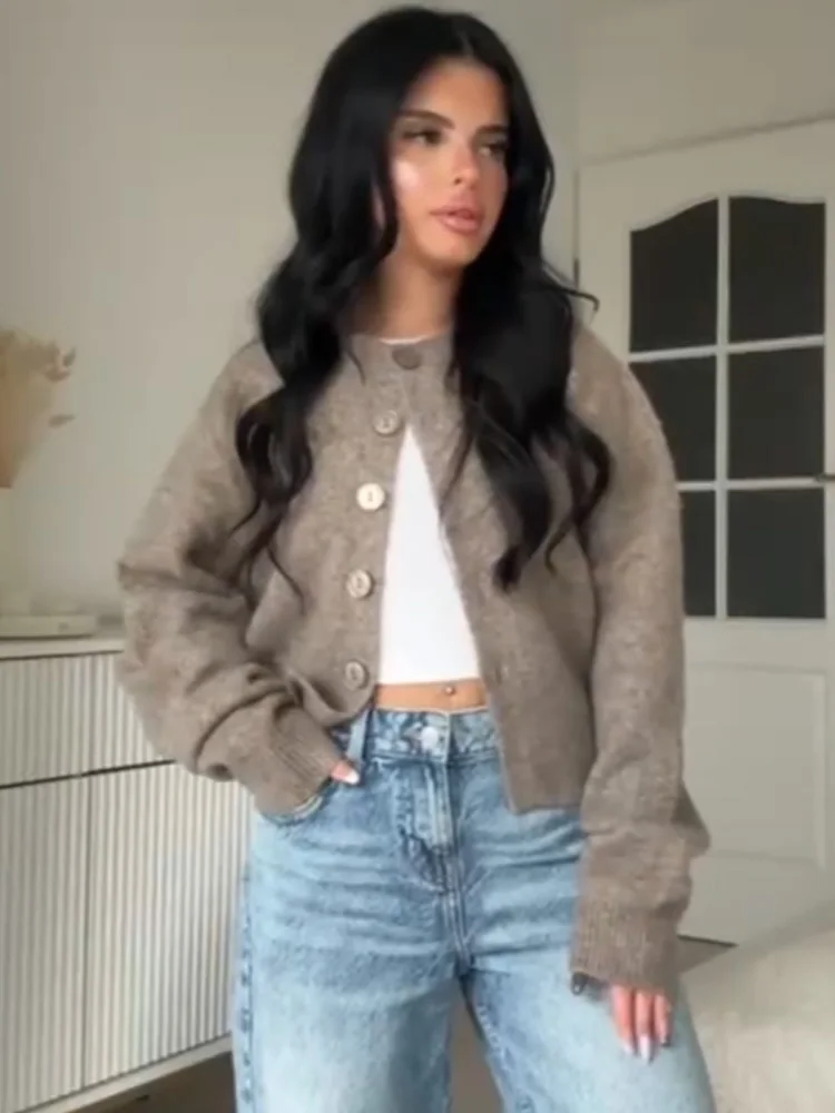 

HH женские осенние модные вязаные топы с круглым воротником, однобортное пальто, женский повседневный однотонный кардиган на пуговицах с длинными рукавами, модный