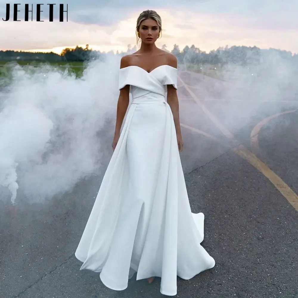 

JEHETH Sexy Mermaid Off Shoulder Wedding Dresses Elegant Satin Backless Bridal Gowns Short Sleeveless Robe De Mariee Custom Made