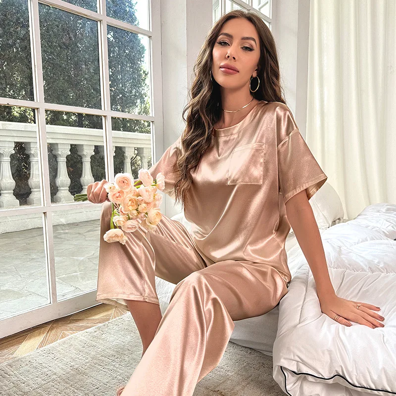 Women Pajama Set Sleepwear Spring Summer Sleepwear Pink Silk Satin Short Sleeve Top Shorts 2 Piece Casual Female Pijama Homewear