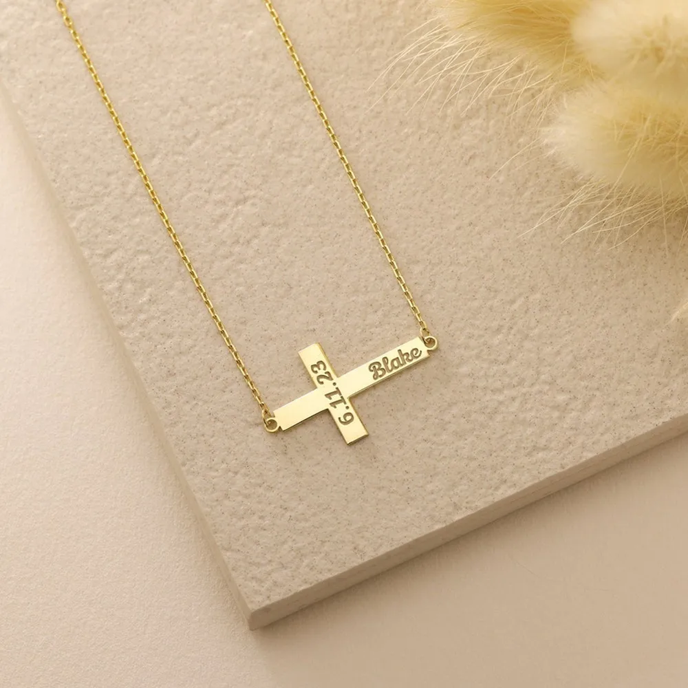 Custom Stainless Steel Cross Necklace with Personalized Engraving Date Name Pendant for Women Baby Baptismal Jewelry Gift
