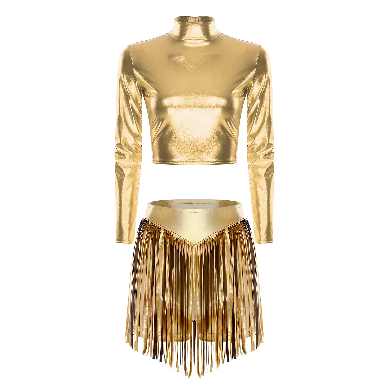 

Женский металлический костюм для джазового танца, укороченный топ с длинными рукавами и высокой талией с бахромой, шорты для сценического танца, рок-клуба