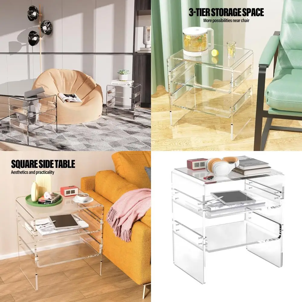 

Modern 2-Tier Acrylic End Table with Storage - Clear Mini Side Table for Bedroom, Living Room, and Bathroom, Easy Assembly