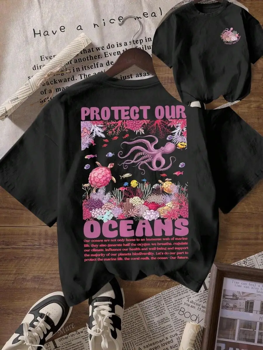 

Plus - Size Ocean Conservation Graphic Tee Set, Black Parent - Child Short - Sleeve with “PROTECT OUR OCEANS” Print