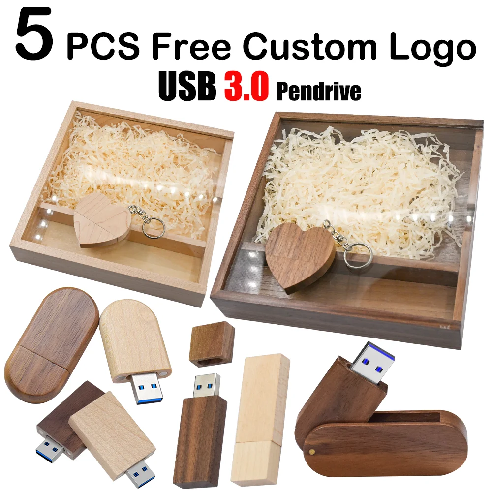 5PCS/LOT Pen Drive Free Custom Logo USB 3.0 Walnut Photo Album Wooden Box USB Flash Drives 128GB Photography Stick 170*170*35mm