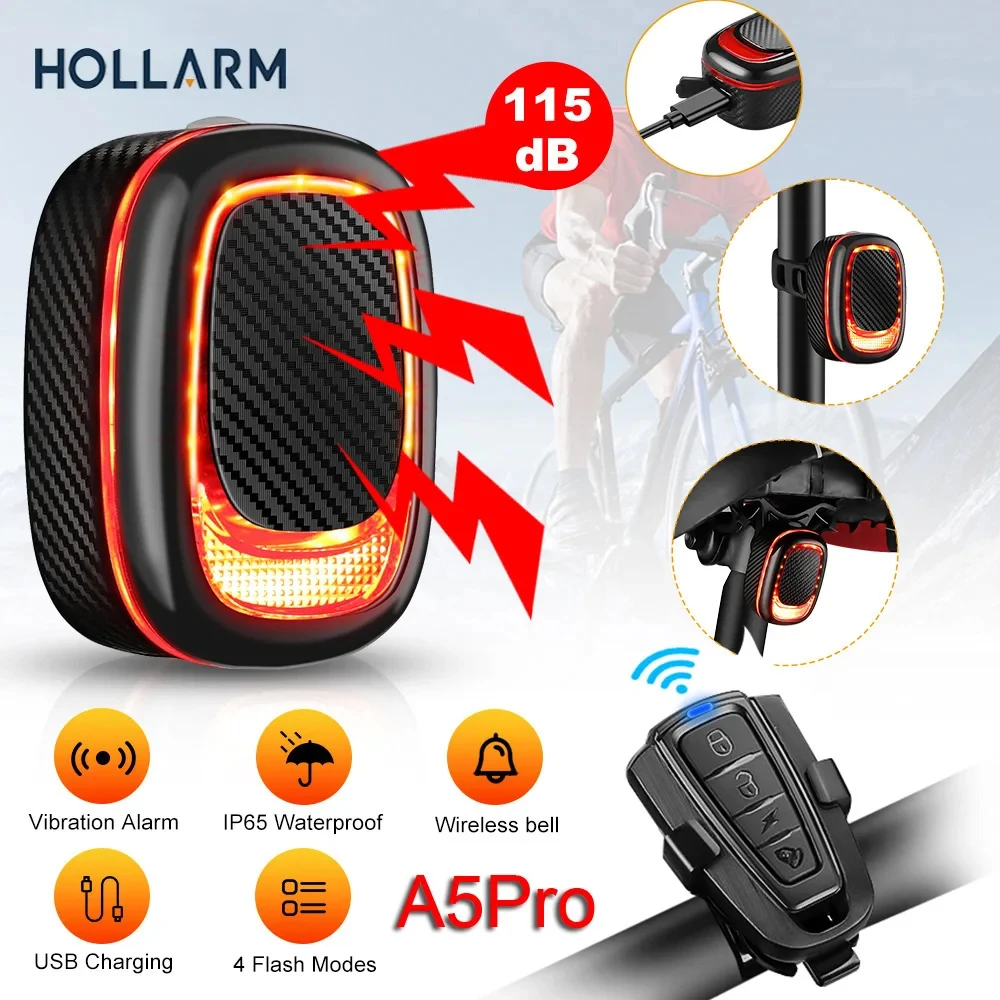 Hollarm alarme de bicicleta lanterna traseira assaltante luz carregamento usb inteligente sensor freio automático controle remoto lâmpada à prova