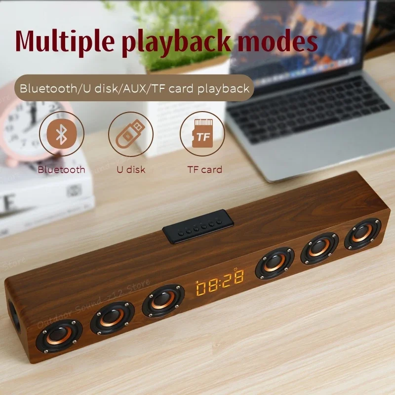 Wooden 6 Horn Soundbar Speaker Music Acoustic System 24W HIFI Stereo Music Surround LED Clock Display Outdoor Bluetooth Speaker