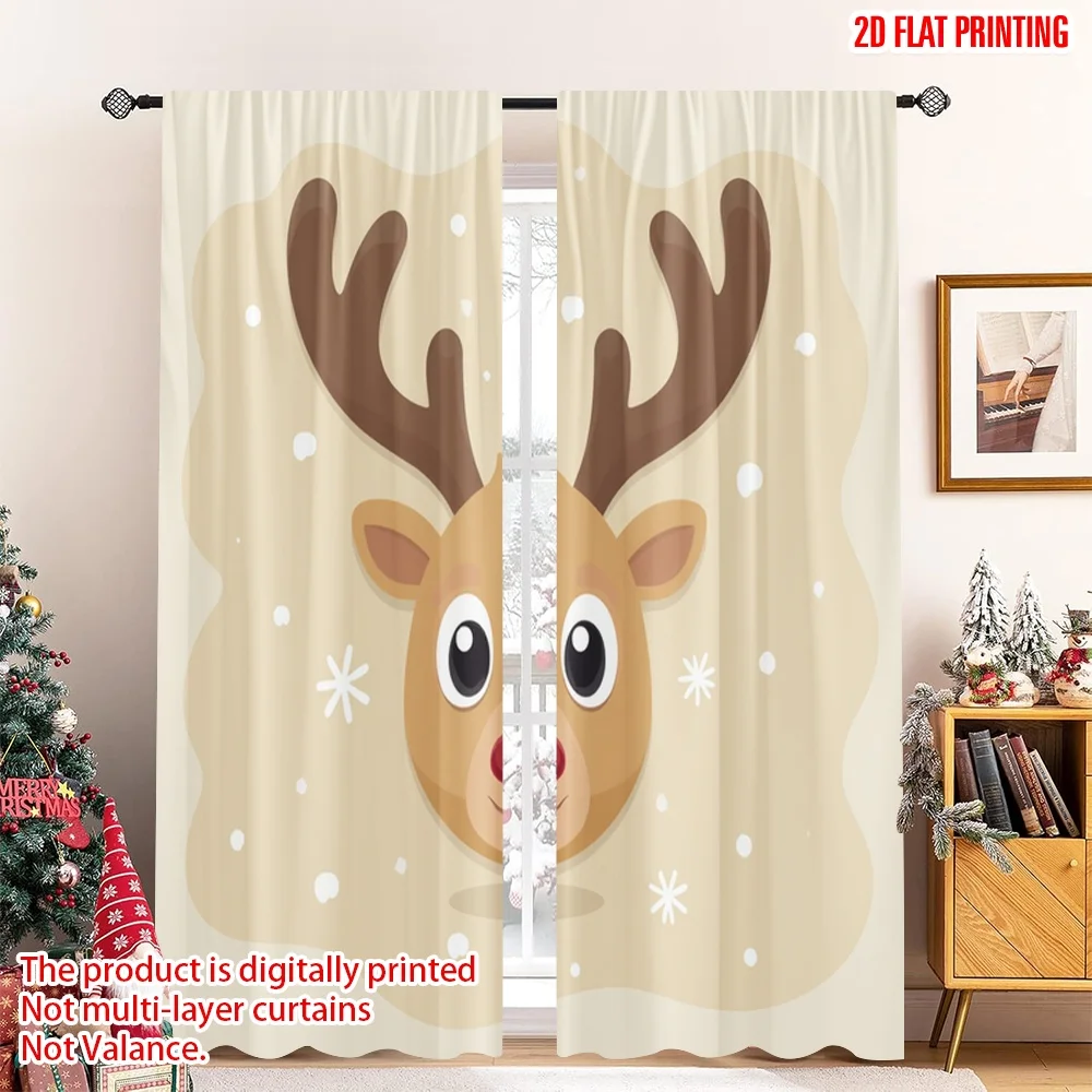 

2pcs 2D flat printing Merry Christmas Scene Curtains Cute Reindeer Christmas Snowflakes Polyester Without Electricity Family