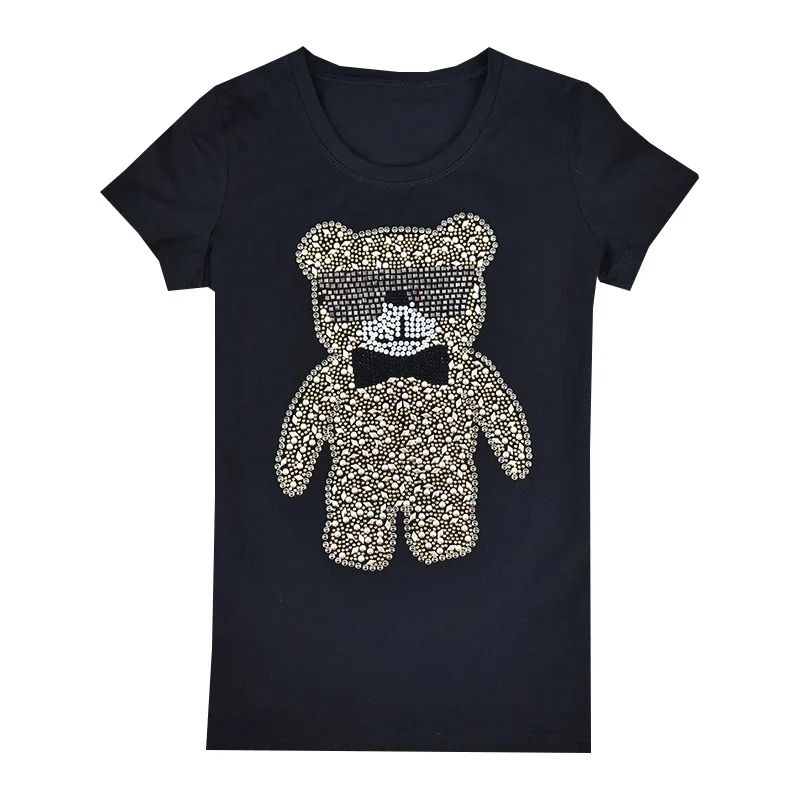 

Летняя футболка Стразы с принтом медведя, женская футболка с круглым вырезом и коротким рукавом, женская одежда, Американские Футболки