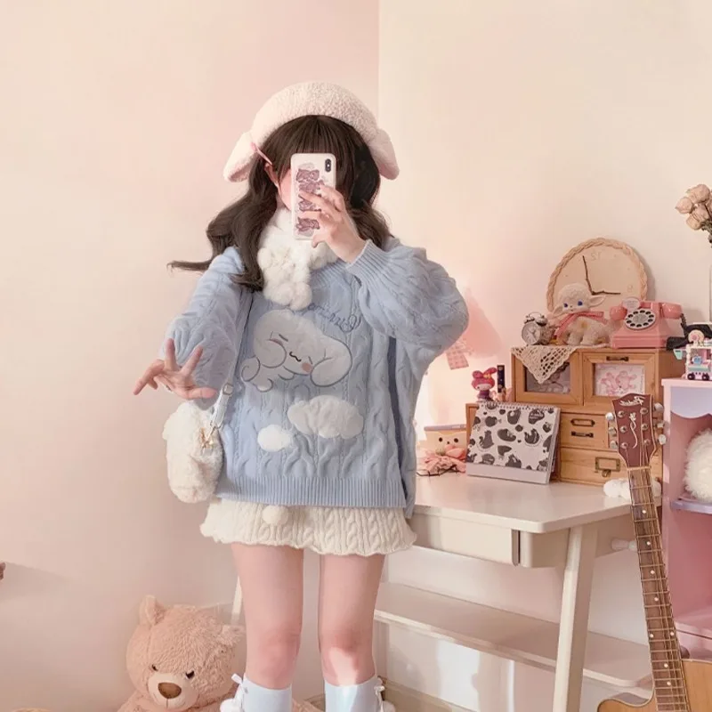 Lolita Sweater Women Cinnamoroll Embroidered Spring Autumn Y2k Top Kawaii Sky Blue Student Knitted V-neck Pullover Y2k Clothes