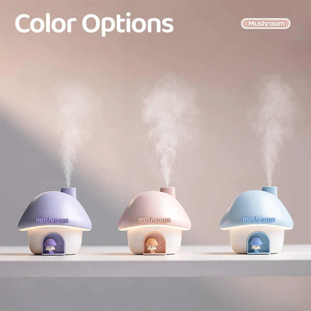 Mini humidificador de aire ultrasónico recargable por USB, humidificadores de aire inalámbricos portátiles con forma de seta de 300ml con lámpara de noche de puesta de sol para el hogar