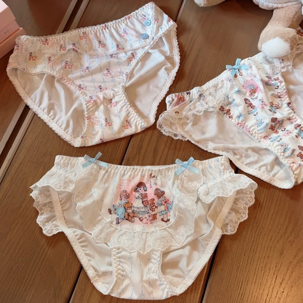 Lingeries Bow Doll Print Panties Kawaii Milk Fiber Lolita Style Panties Low Waist Lace Sweet Ruffle Briefs Women