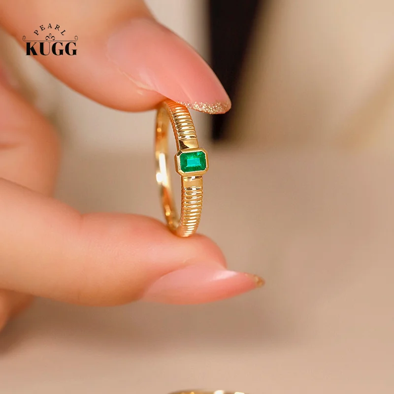 

KUGG 18K Yellow Gold Rings Fashion Metal Style Real Natural Emerald Shiny Gemstone Engagement Ring for Women Anniversary Gift