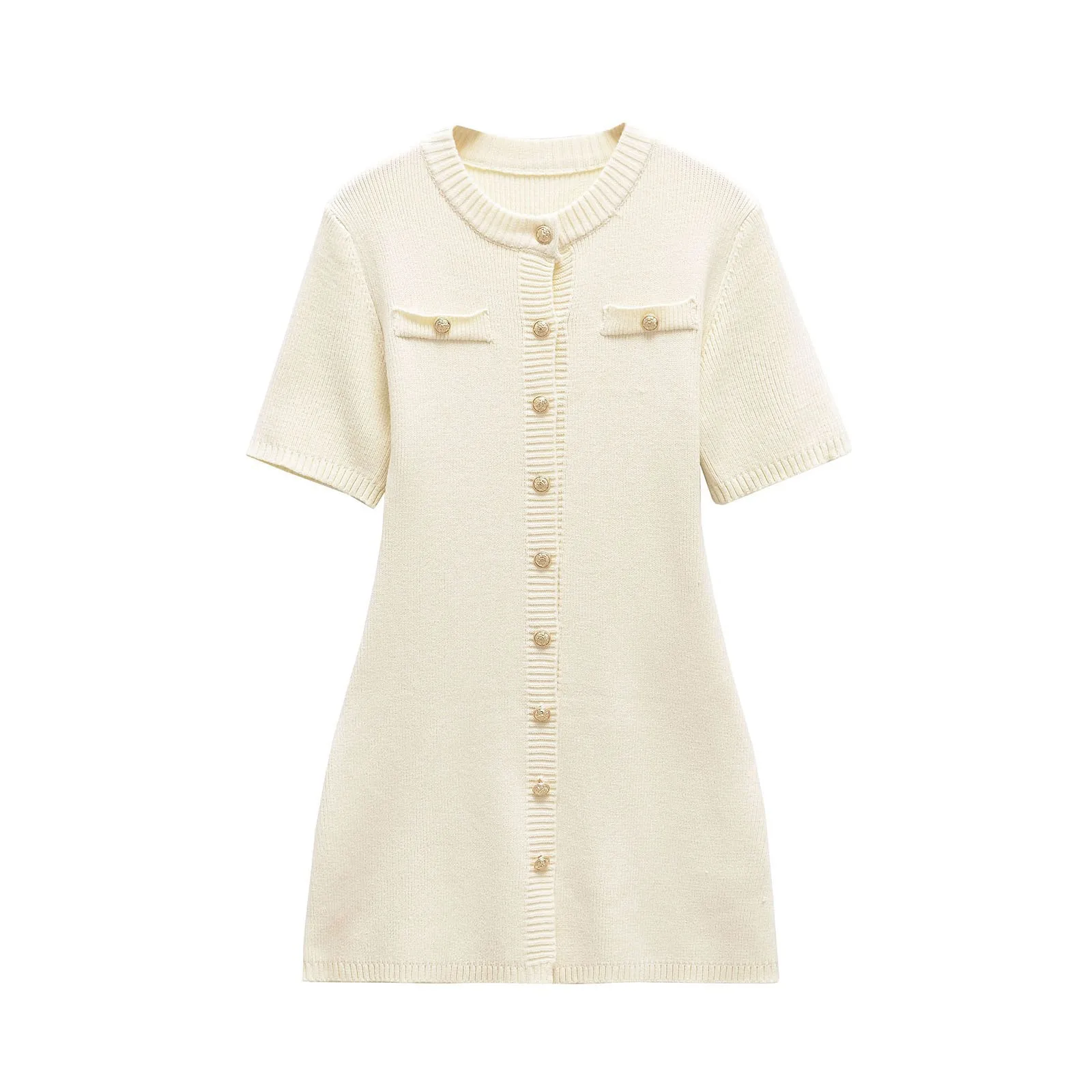 

2025 Autumn Women's Slim-Fit Knit Mini Dress Stylish Comfortable Dress Crew Neck Single-Row Button Short-Sleeve Sweater Dress