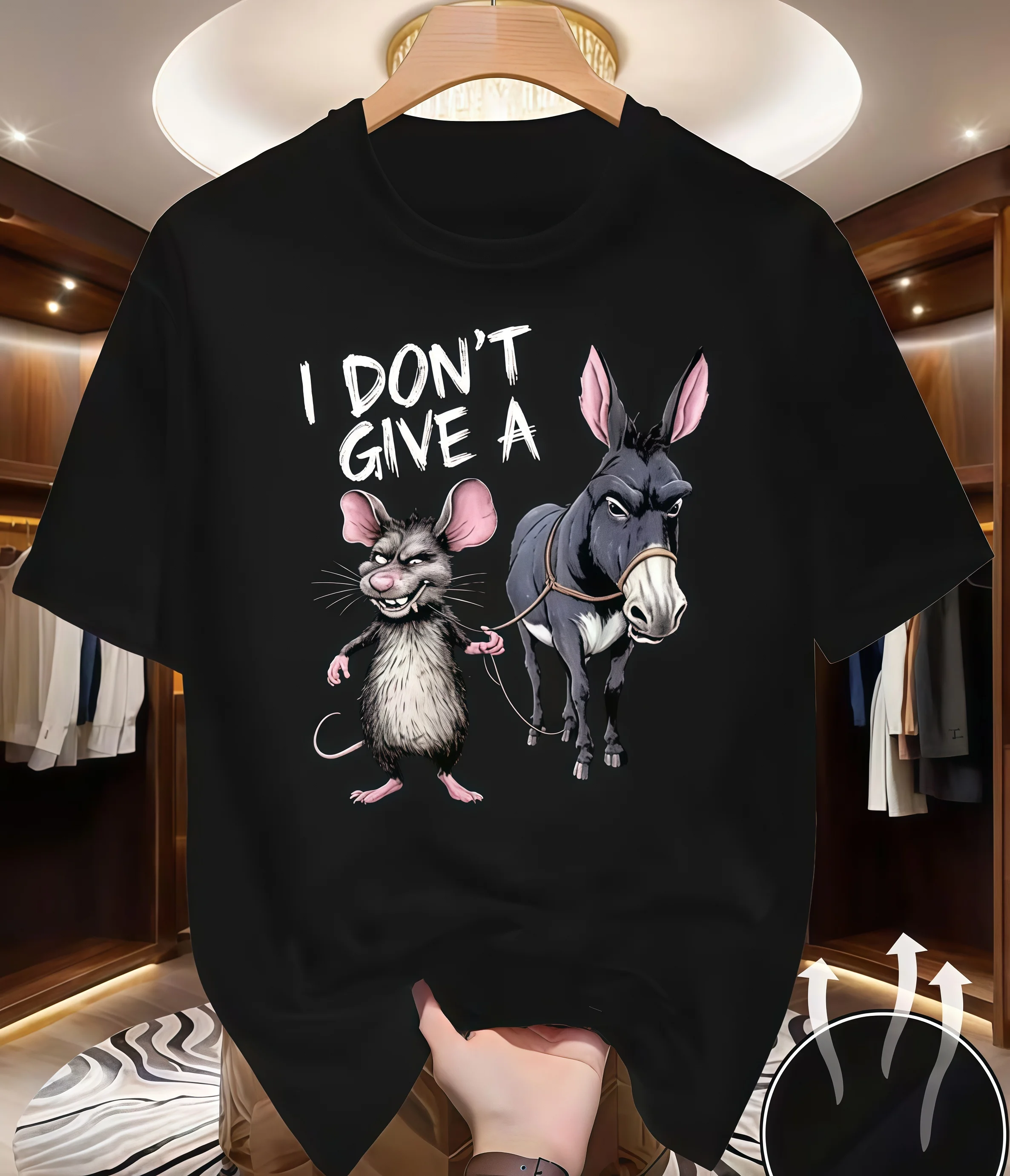 

Funny little mouse and donkey pattern T-shirt "I don't care. A casual streetwear summer short-sleeved top for both men and women